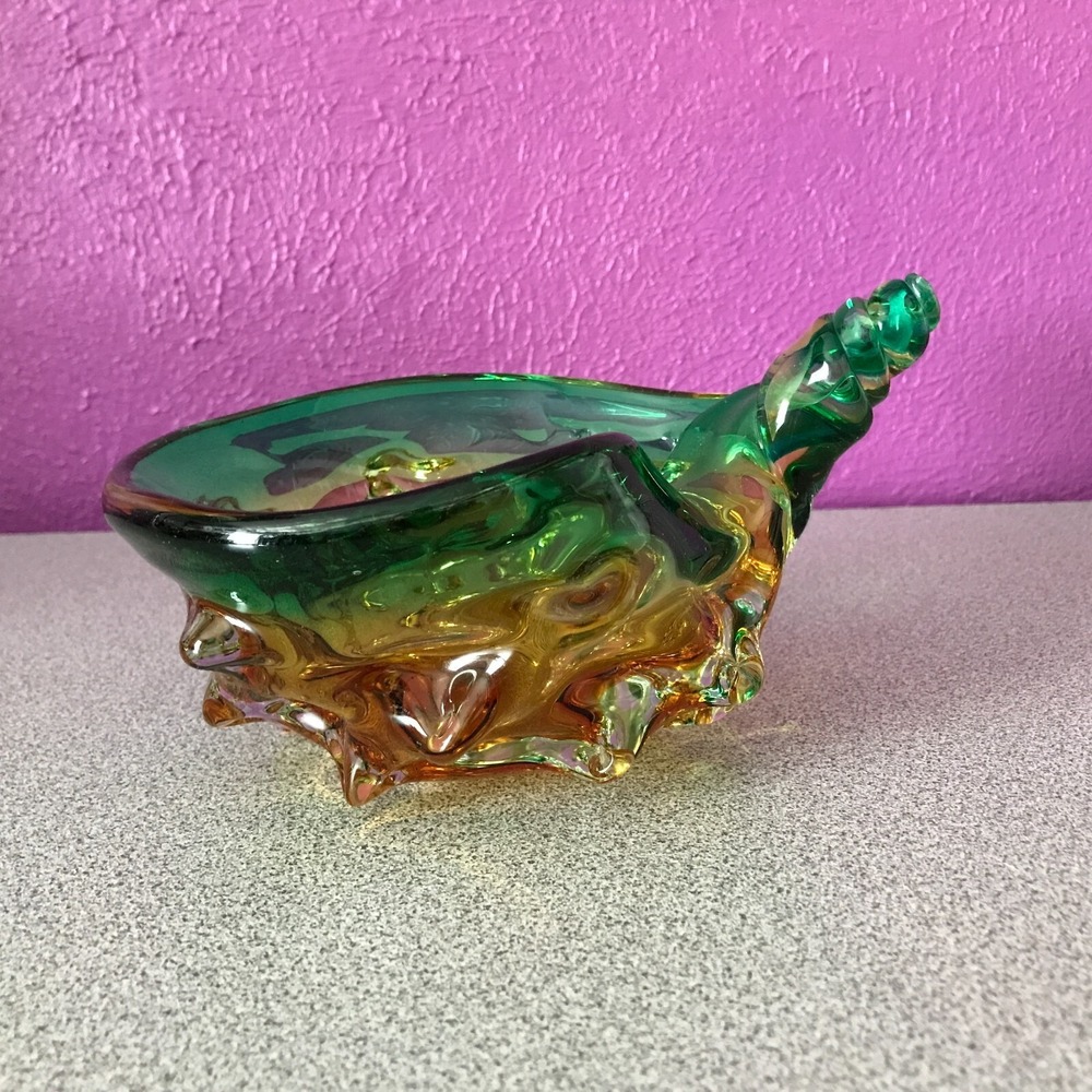 Hand Blown Art Glass Conch Sea Shell‎ Candy Trinket Dish Green Gold Decor